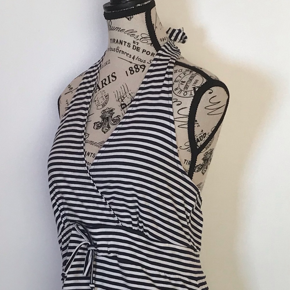 ⚓️NWOT⚓️ VENUS NAUTICAL COTTON HALTER DRESS Sz. Med. MID LENGTH Navy/White